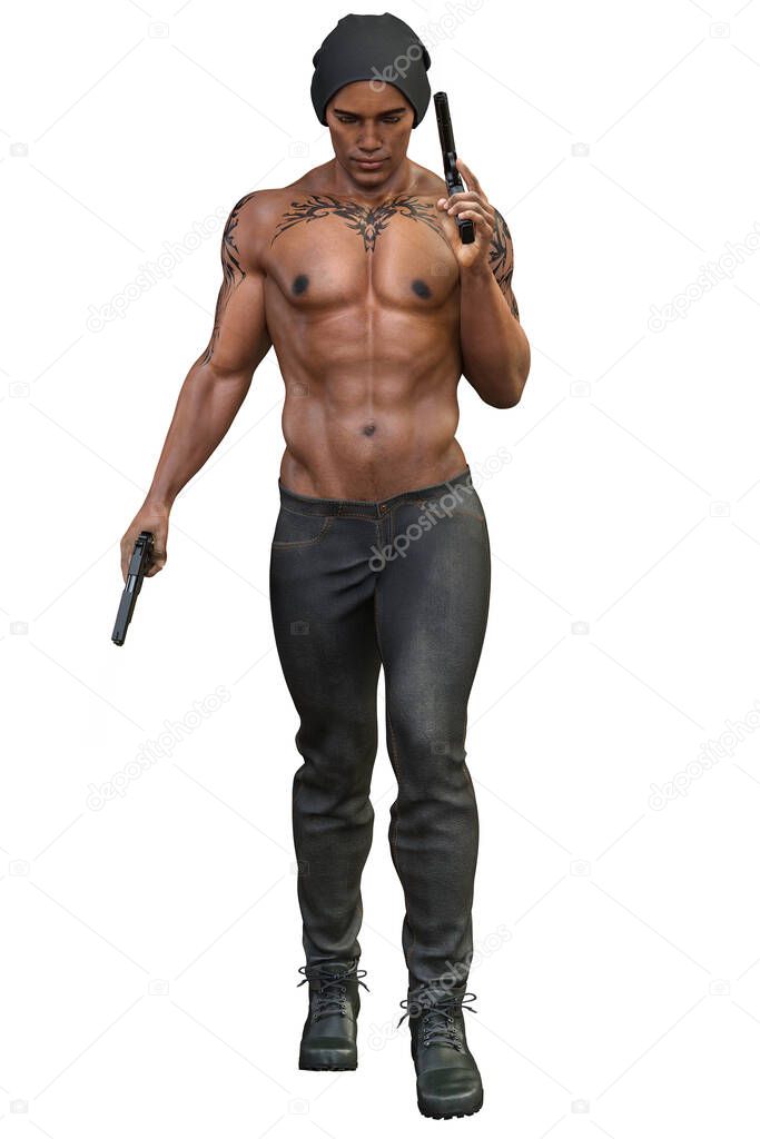 Urban Fantasy African-American Man on Isolated White Background, 3D Rendering, 3D Illustration