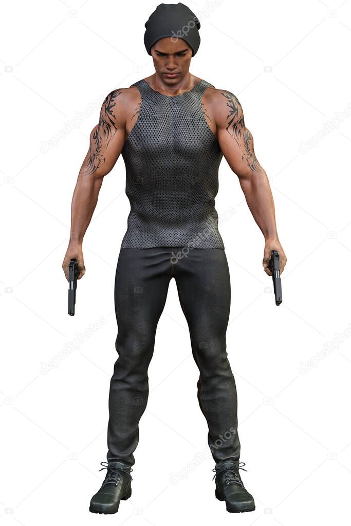 Urban Fantasy African-American Man on Isolated White Background, 3D Rendering, 3D Illustration