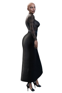 Kentsel Fantezi Afro-Amerikalı Kadın, izole edilmiş beyaz arka planda silah taşıyor, 3 boyutlu çizim, 3 boyutlu illüstrasyon