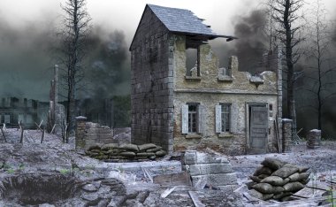 Apocalyptic Dystopian Dumanlı Savaş Alanı, 3D Görüntü, 3D Görüntüleme