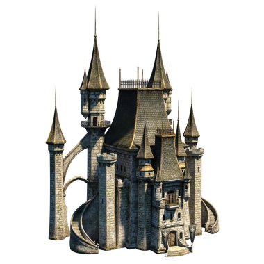 Castle Akademisi Fantezi Mimarisi, 3 boyutlu illüstrasyon, 3 boyutlu canlandırma