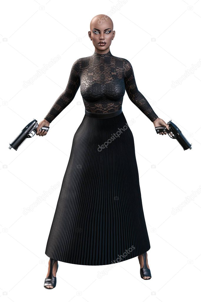 Urban Fantasy African-American Woman holding gun on Isolated White Background, 3D Rendering, 3D illustration