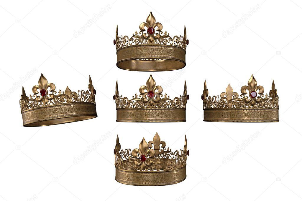 Medieval Jeweled Crown on Isolated Background, 3D illustration, 3D rendering