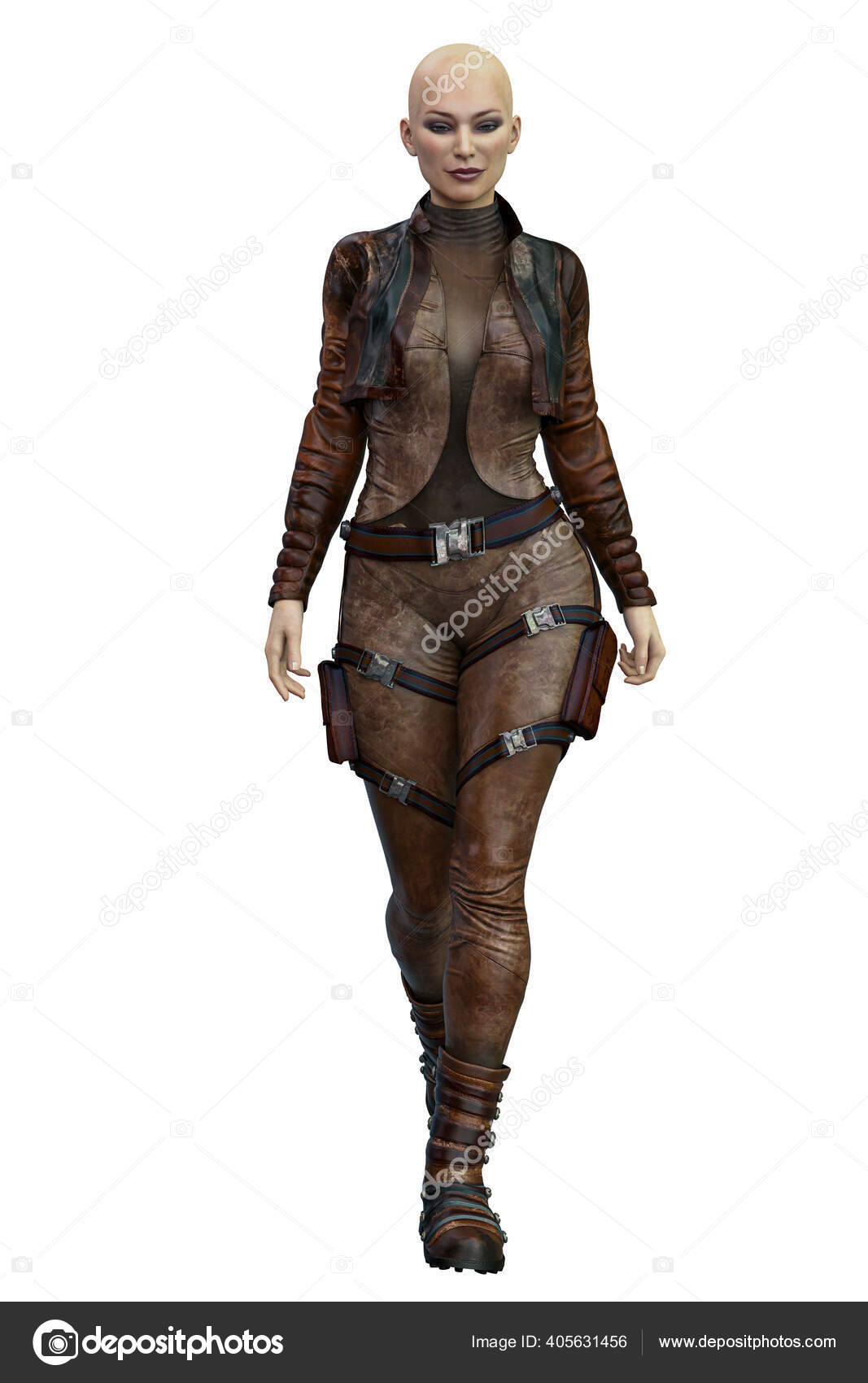 3D rendered female character in futuristic outfit and action pose on  transparent background - 3D Illustration Stock Illustration