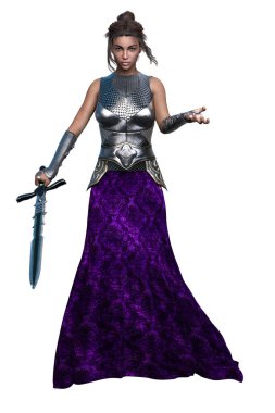 POC Medieval Fantasy Warrior Woman with sword on isolated white background, 3D illustration, 3D Rendering clipart