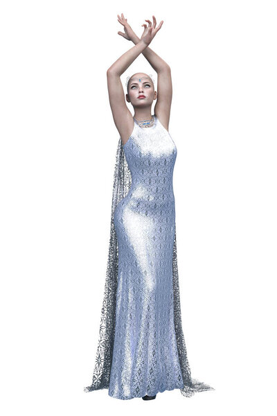 Medieval Fantasy Woman in Dress on Isolated White Background, 3D illustration, 3D Rendering