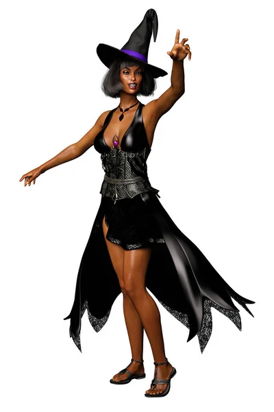 Black Witch Woman Black Dress Rendering — 스톡 사진