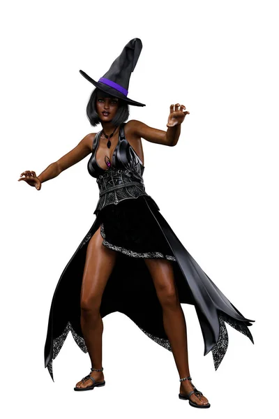 Black Witch Woman Black Dress Rendering — 스톡 사진