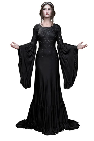 Medieval Fantasy Woman Black Dress Isolated White Background Illustration Rendering — Stock Photo, Image