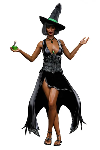 Black Witch Woman Black Dress Rendering — 스톡 사진
