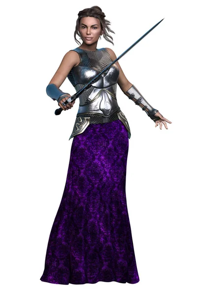 Poc Medieval Fantasy Warrior Woman Com Espada Sobre Fundo Branco — Fotografia de Stock