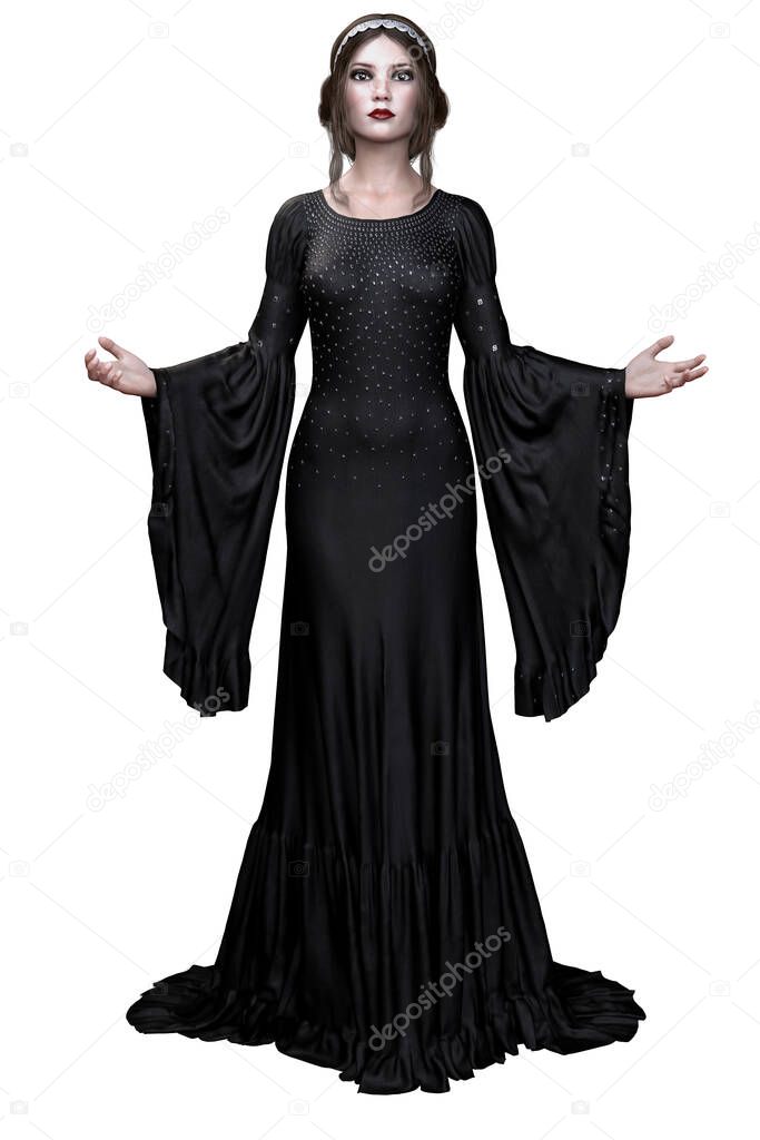 Medieval Fantasy Woman in Black Dress on Isolated White Background, 3D illustration, 3D Rendering