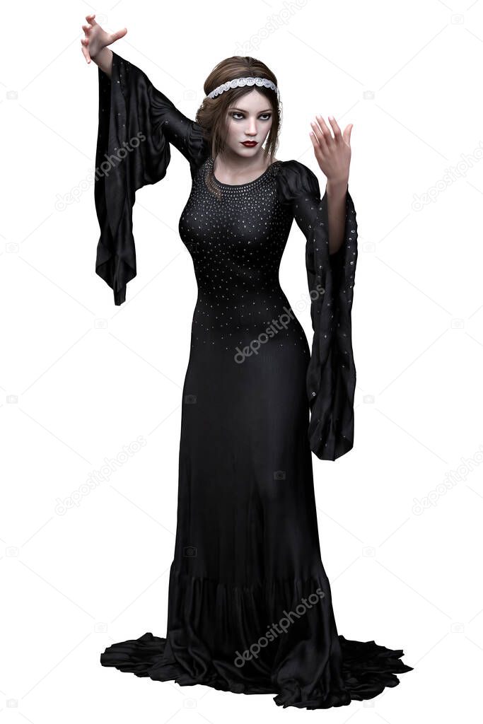 Medieval Fantasy Woman in Black Dress on Isolated White Background, 3D illustration, 3D Rendering