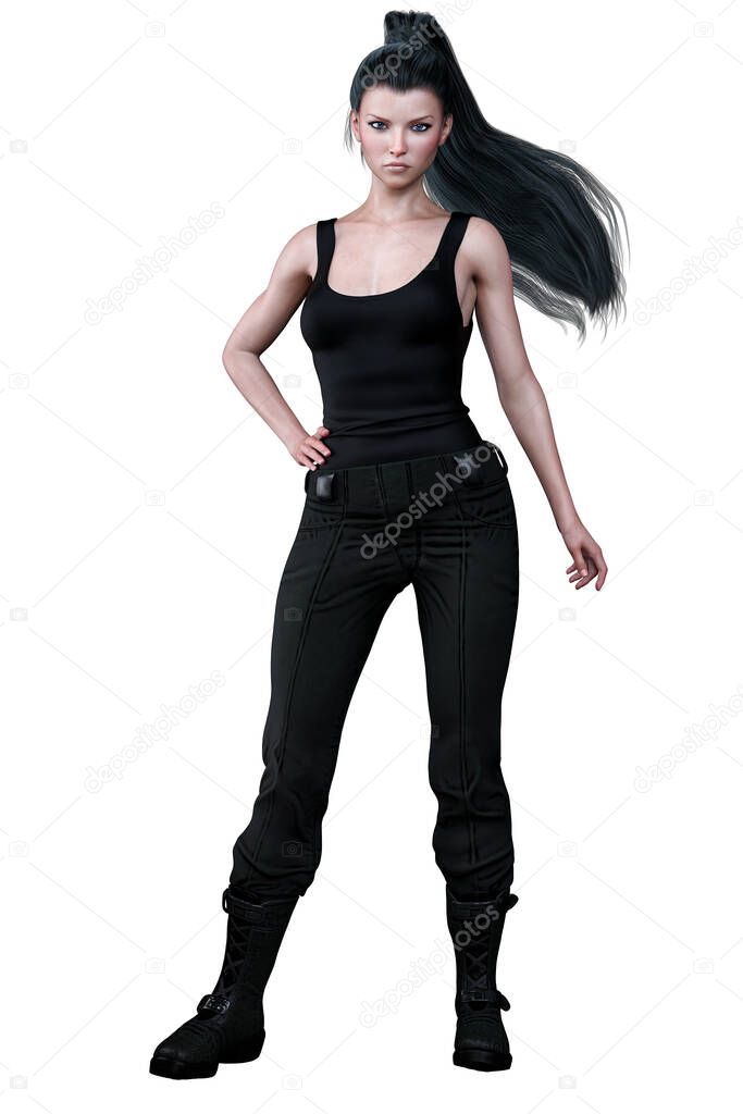 Urban Fantasy Caucasian Woman on Isolated White Background with gun, 3D Rendering 3D illustration