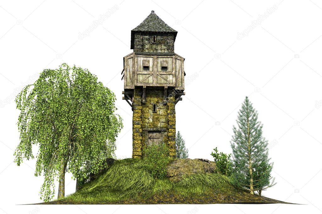 Medieval Fantasy Watchtower, 3D illustration, 3D rendering