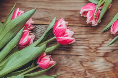 Laleler tahta bir masanın üzerinde yatıyor. Close. Ahududu çiçekleri. Pembe laleler.