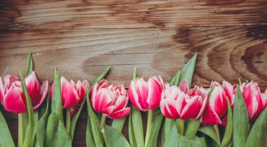 Laleler tahta bir masanın üzerinde yatıyor. Close. Ahududu çiçekleri. Pembe laleler.