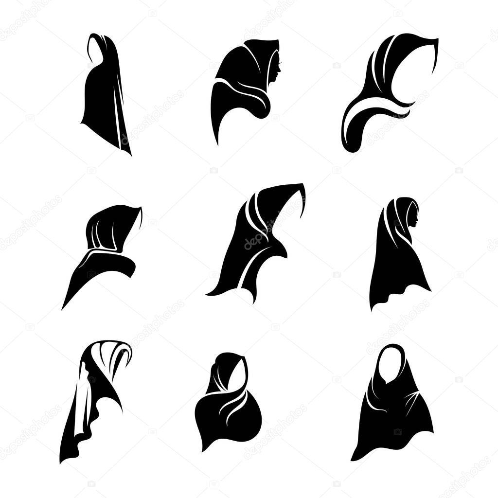 Hijab women black silhouette vector icons 