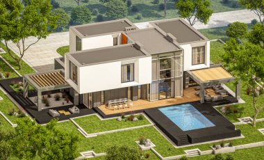 Satılık Garaj ile bahçe veya bahçesinde güzel havuz ile kira modern rahat evde 3D render. Mavi gökyüzü ile açık güneşli yaz gün.