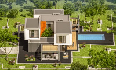 Satılık Garaj ile bahçe veya bahçesinde güzel havuz ile kira modern rahat evde 3D render. Mavi gökyüzü ile açık güneşli yaz gün.