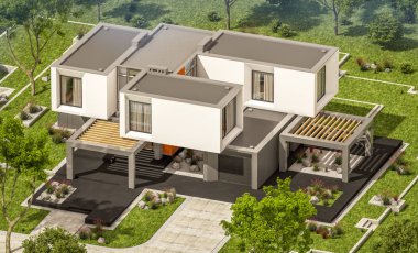 Satılık Garaj ile bahçe veya bahçesinde güzel havuz ile kira modern rahat evde 3D render. Mavi gökyüzü ile açık güneşli yaz gün.