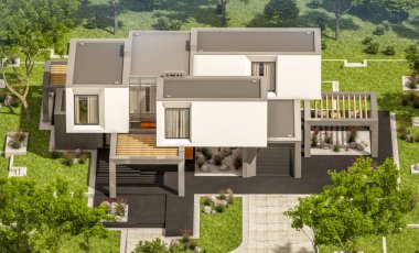 Bahçedeki modern ev 3D render