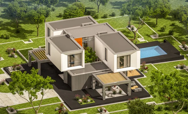 Rendering Von Modernen Gemütlichen Haus Garten Mit Garage Verkaufen Oder — Stockfoto