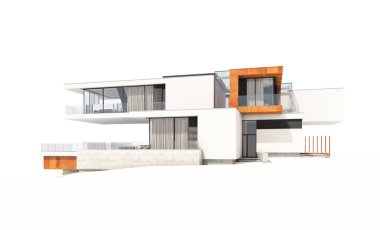 Satılık ve Kiralık garaj ile nehrin yanında modern rahat ev 3D render. Beyaz izole.