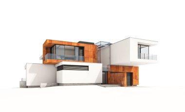 Satılık ve Kiralık garaj ile nehrin yanında modern rahat ev 3D render. Beyaz izole.