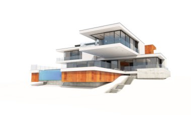 Satılık ve Kiralık garaj ile nehrin yanında modern rahat ev 3D render. Beyaz izole.