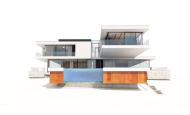 Satılık ve Kiralık garaj ile nehrin yanında modern rahat ev 3D render. Beyaz izole.
