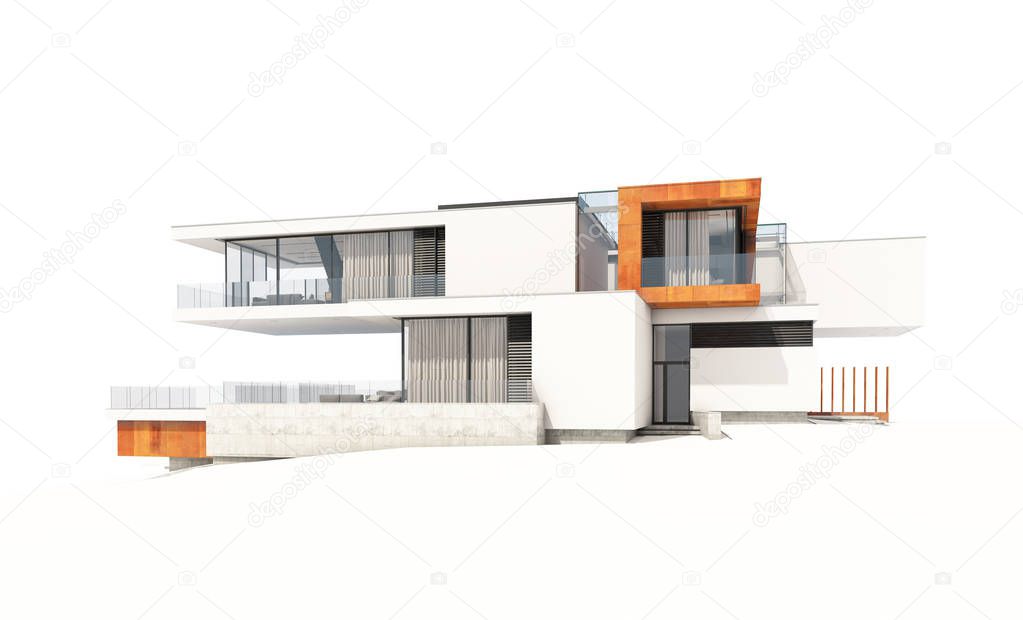 3d rendering of modern cozy house by the river with garage for sale or rent. Isolated on white.