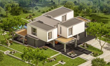 Satılık Garaj ile bahçe veya bahçesinde güzel havuz ile kira modern rahat evde 3D render. Mavi gökyüzü ile açık güneşli yaz gün.