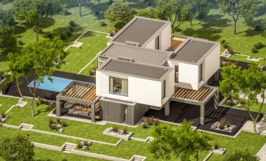 Satılık Garaj ile bahçe veya bahçesinde güzel havuz ile kira modern rahat evde 3D render. Mavi gökyüzü ile açık güneşli yaz gün.