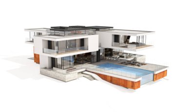 Satılık ve Kiralık garaj ile nehrin yanında modern rahat ev 3D render. Beyaz izole.