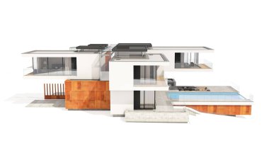 Satılık ve Kiralık garaj ile nehrin yanında modern rahat ev 3D render. Beyaz izole.