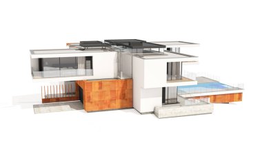 Satılık ve Kiralık garaj ile nehrin yanında modern rahat ev 3D render. Beyaz izole.