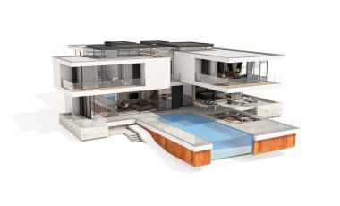 Satılık ve Kiralık garaj ile nehrin yanında modern rahat ev 3D render. Beyaz izole.