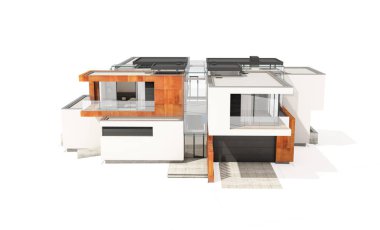 Satılık ve Kiralık garaj ile nehrin yanında modern rahat ev 3D render. Beyaz izole.