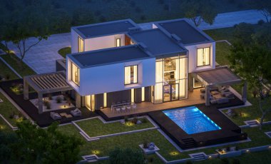 Satılık Garaj ile bahçe veya bahçesinde güzel havuz ile kira modern rahat evde 3D render. Gökyüzü yıldızlarla açık yaz gecesi. Penceresinden rahat ılık ışık.