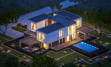 Satılık Garaj ile bahçe veya bahçesinde güzel havuz ile kira modern rahat evde 3D render. Gökyüzü yıldızlarla açık yaz gecesi. Penceresinden rahat ılık ışık.