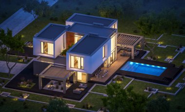 Satılık Garaj ile bahçe veya bahçesinde güzel havuz ile kira modern rahat evde 3D render. Gökyüzü yıldızlarla açık yaz gecesi. Penceresinden rahat ılık ışık.