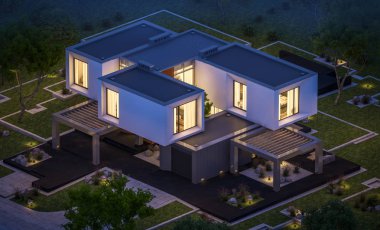 Satılık Garaj ile bahçe veya bahçesinde güzel havuz ile kira modern rahat evde 3D render. Gökyüzü yıldızlarla açık yaz gecesi. Penceresinden rahat ılık ışık.