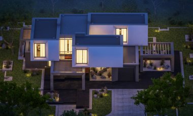 Satılık Garaj ile bahçe veya bahçesinde güzel havuz ile kira modern rahat evde 3D render. Gökyüzü yıldızlarla açık yaz gecesi. Penceresinden rahat ılık ışık.