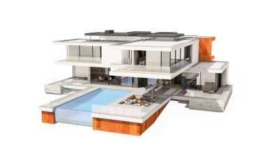 Satılık ve Kiralık garaj ile nehrin yanında modern rahat ev 3D render. Beyaz izole.
