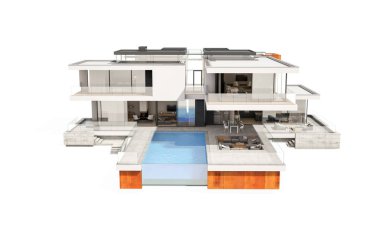 Satılık ve Kiralık garaj ile nehrin yanında modern rahat ev 3D render. Beyaz izole.