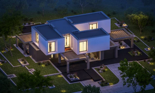 Satılık Garaj ile bahçe veya bahçesinde güzel havuz ile kira modern rahat evde 3D render. Gökyüzü yıldızlarla açık yaz gecesi. Penceresinden rahat ılık ışık.