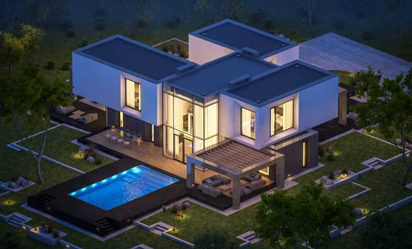 3d rendering of modern cozy house in the garden with garage for sale or rent with beautiful pool in the yard. Clear summer night with stars on the sky. Cozy warm light from window.