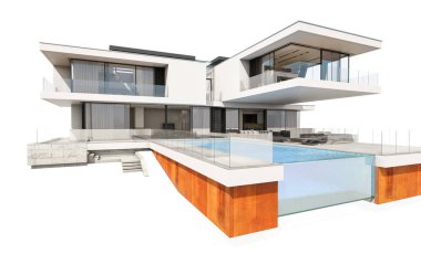 Satılık ve Kiralık garaj ile nehrin yanında modern rahat ev 3D render. Beyaz izole.