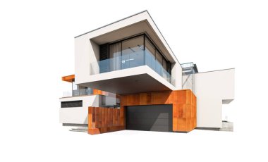 Satılık ve Kiralık garaj ile nehrin yanında modern rahat ev 3D render. Beyaz izole.
